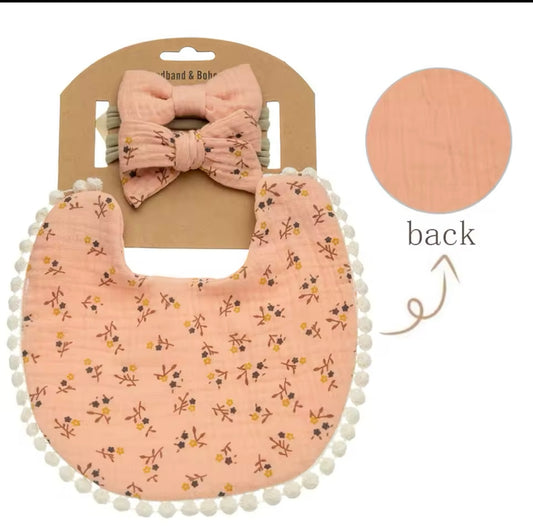 3Pcs/Set Baby Flower Bibs & Headbands Bow Nylon Hairbands Double Side Saliva Towel Feeding Burp Cloth Scarf Boys Girls Headwear